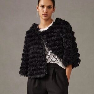 Anthropologie Black Faux Fur Shawl One Size Short Silhouette Open Front